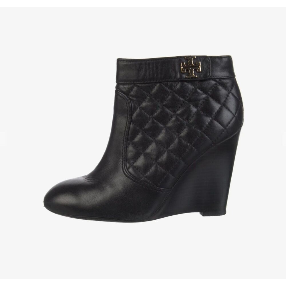 Tory Burch Women's 7.5 Black Leather Quilted Ankle Boots Gold Hardware